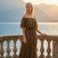 Limsa Club Seraphine Off-Shoulder Evening Gown in Brown — side view