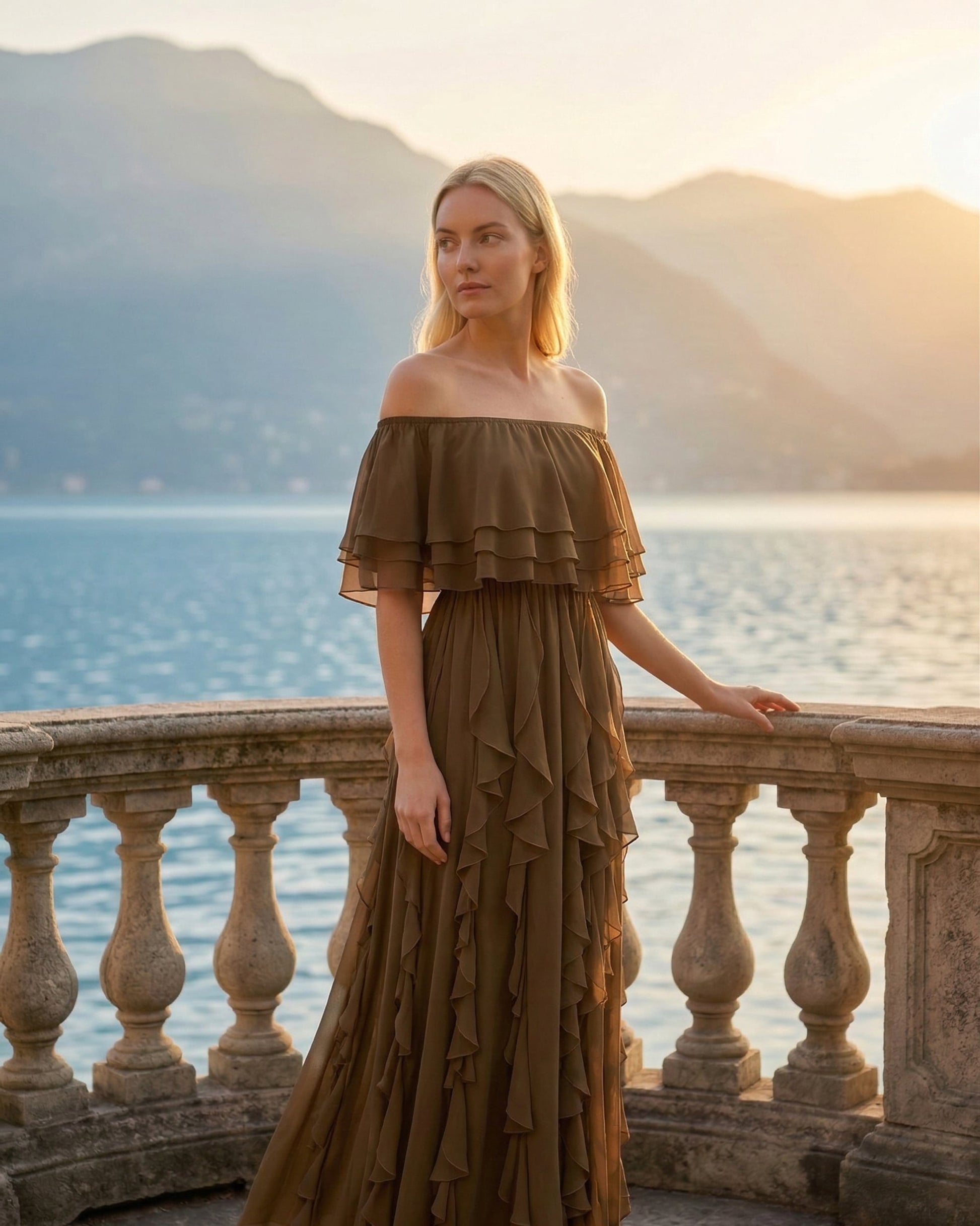 Limsa Club Seraphine Off-Shoulder Evening Gown in Brown — side view