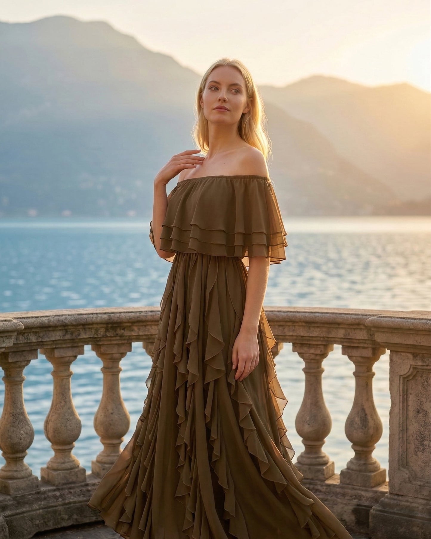 Limsa Club Seraphine Off-Shoulder Evening Gown in Brown — back view