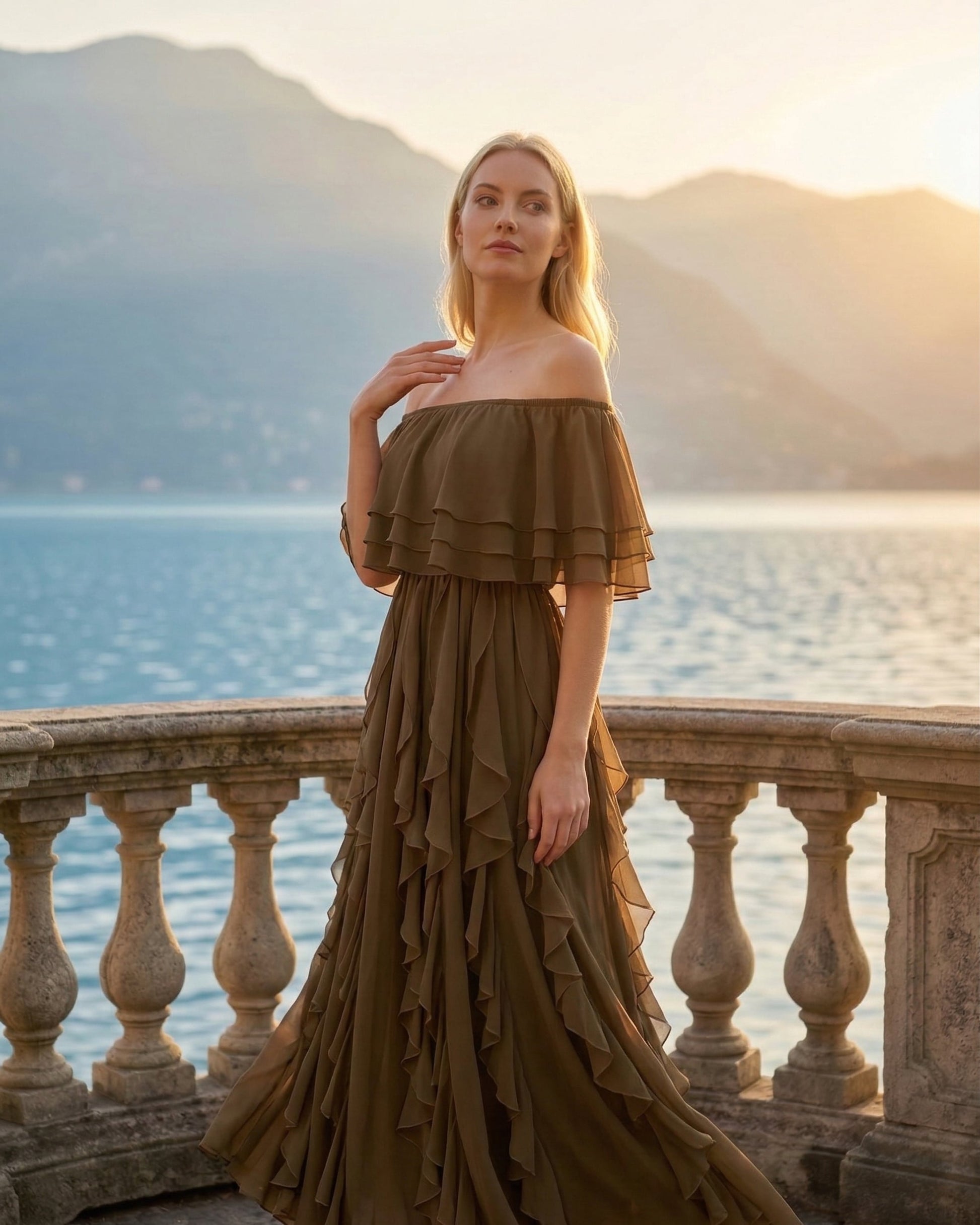 Limsa Club Seraphine Off-Shoulder Evening Gown in Brown — back view