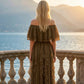 Limsa Club Seraphine Off-Shoulder Evening Gown in Brown — detail view