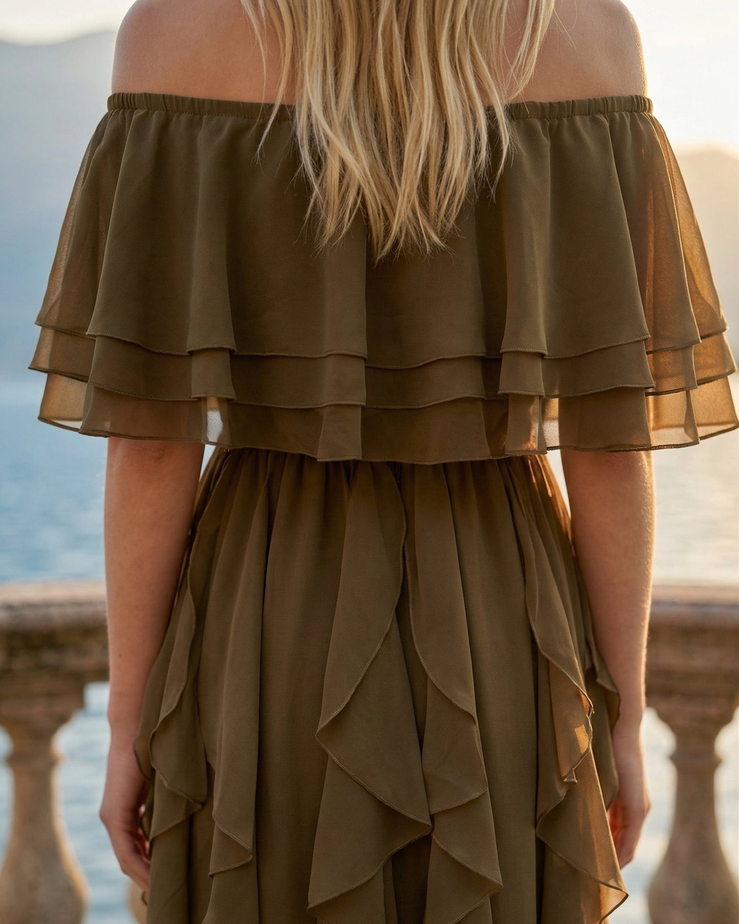 Limsa Club Seraphine Off-Shoulder Evening Gown in Brown — close-up detail