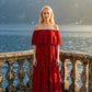 Limsa Club Seraphine Off-Shoulder Evening Gown in Red — front view