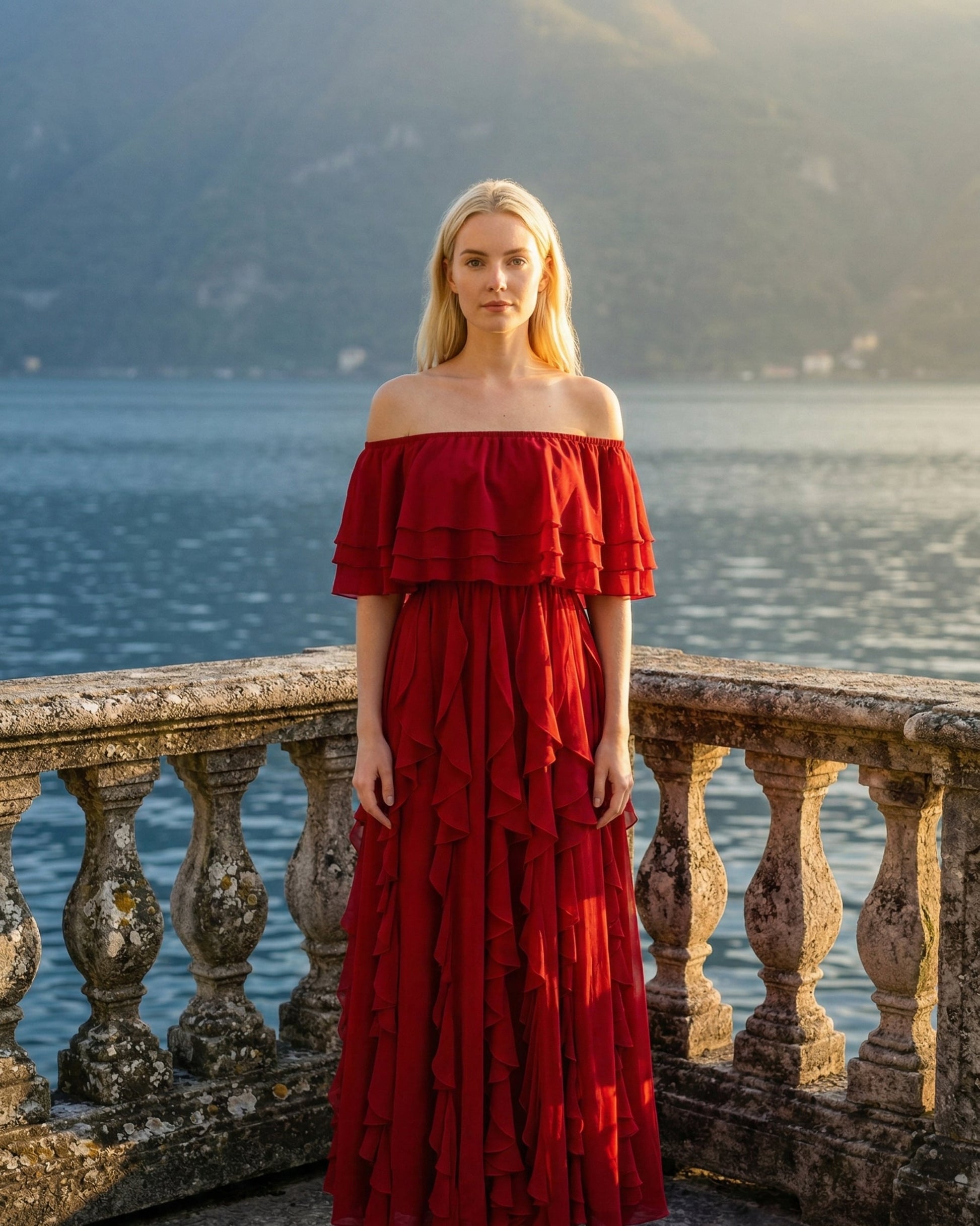 Limsa Club Seraphine Off-Shoulder Evening Gown in Red — front view