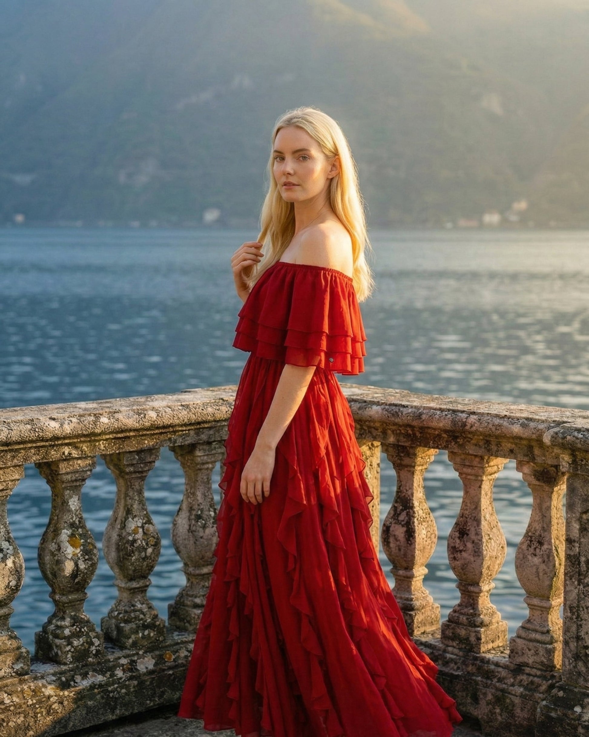 Limsa Club Seraphine Off-Shoulder Evening Gown in Red — back view