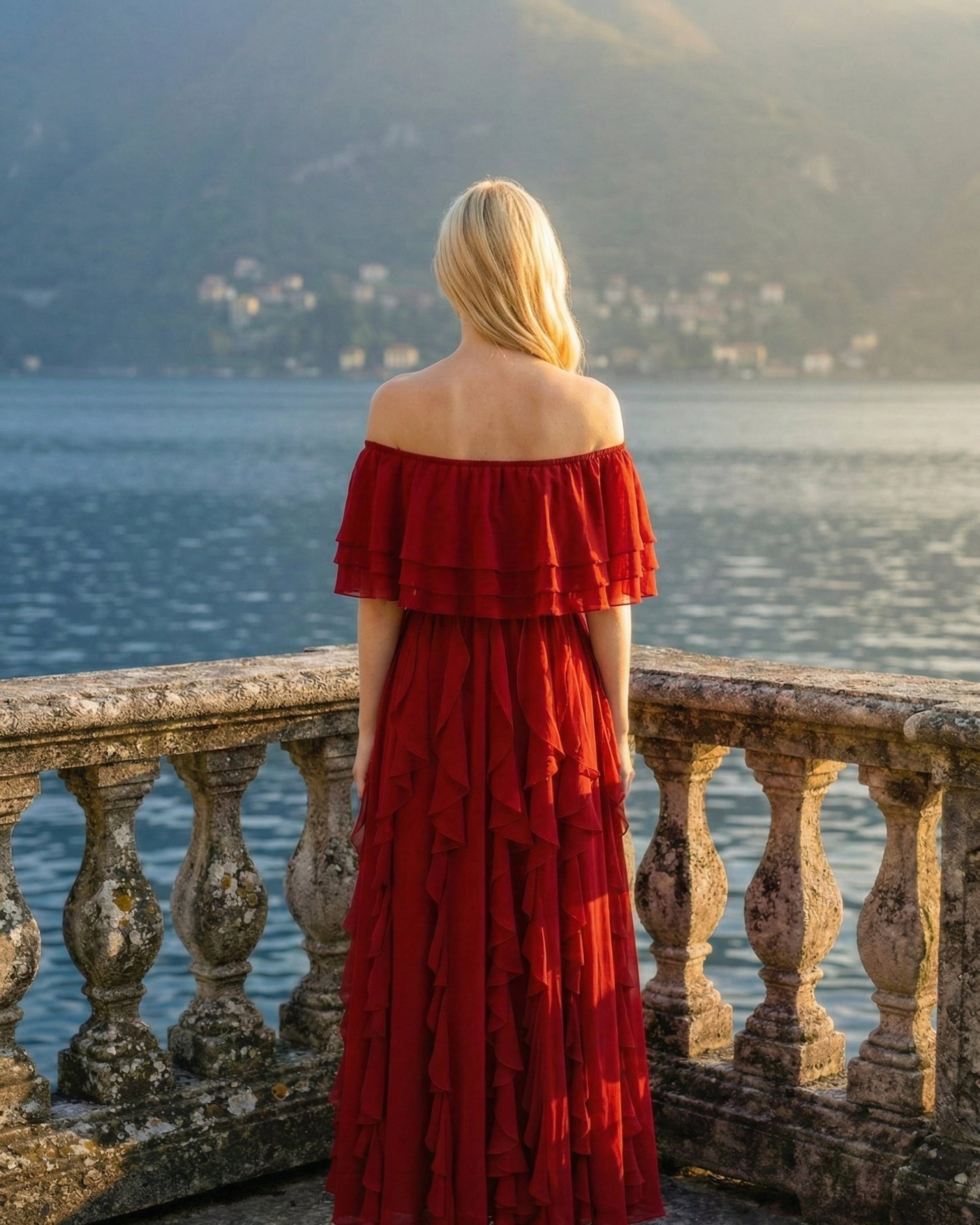 Limsa Club Seraphine Off-Shoulder Evening Gown in Red — detail view