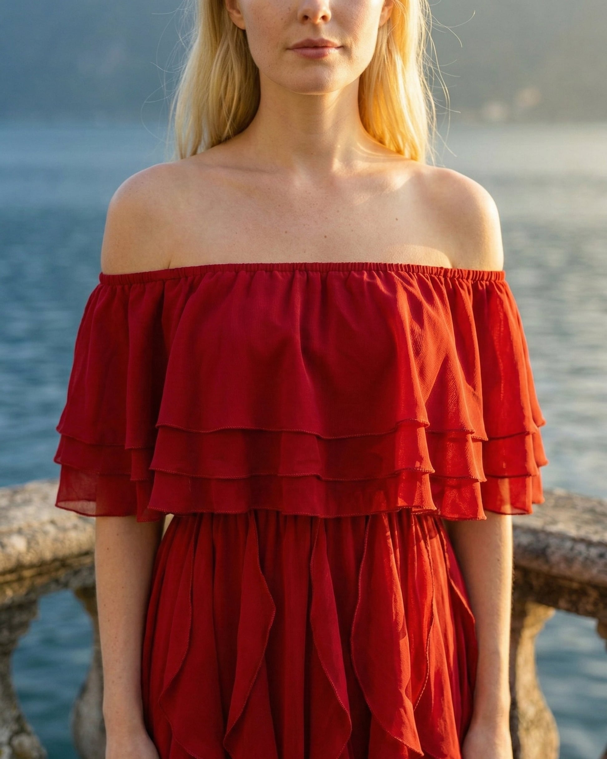 Limsa Club Seraphine Off-Shoulder Evening Gown in Red — full-length view