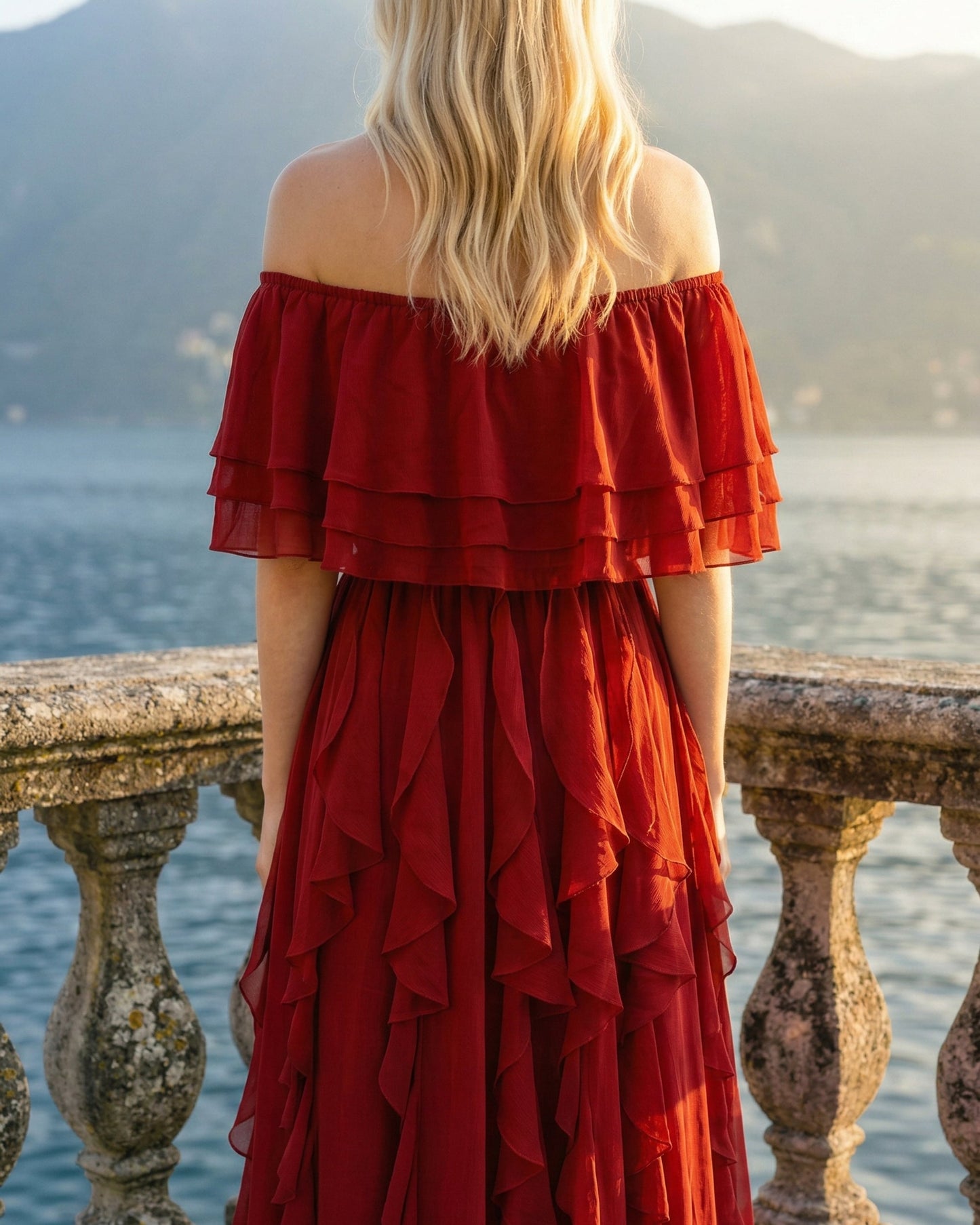 Limsa Club Seraphine Off-Shoulder Evening Gown in Red — close-up detail