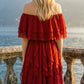 Limsa Club Seraphine Off-Shoulder Evening Gown in Red — close-up detail