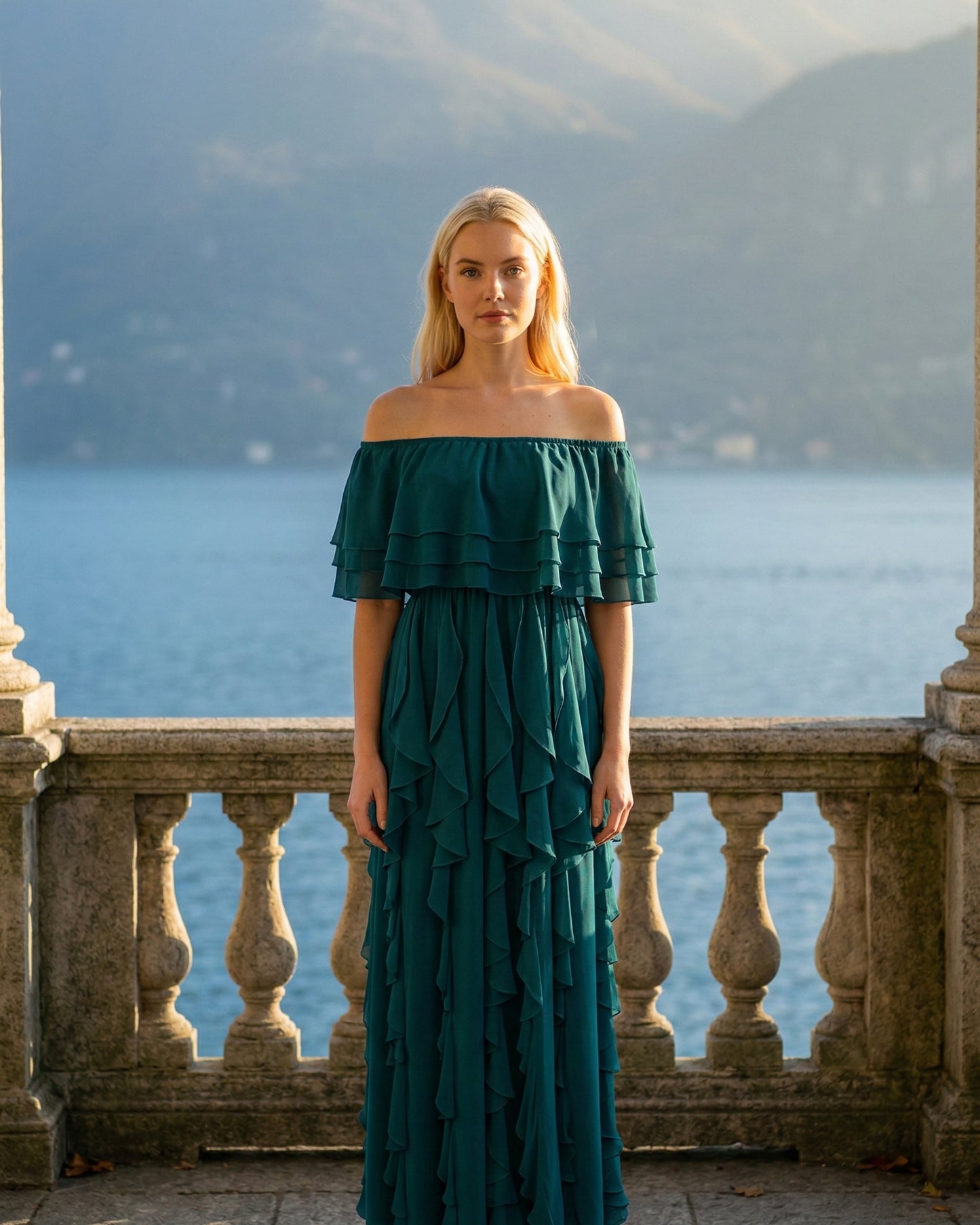 Limsa Club Seraphine Off-Shoulder Evening Gown in Green — front view
