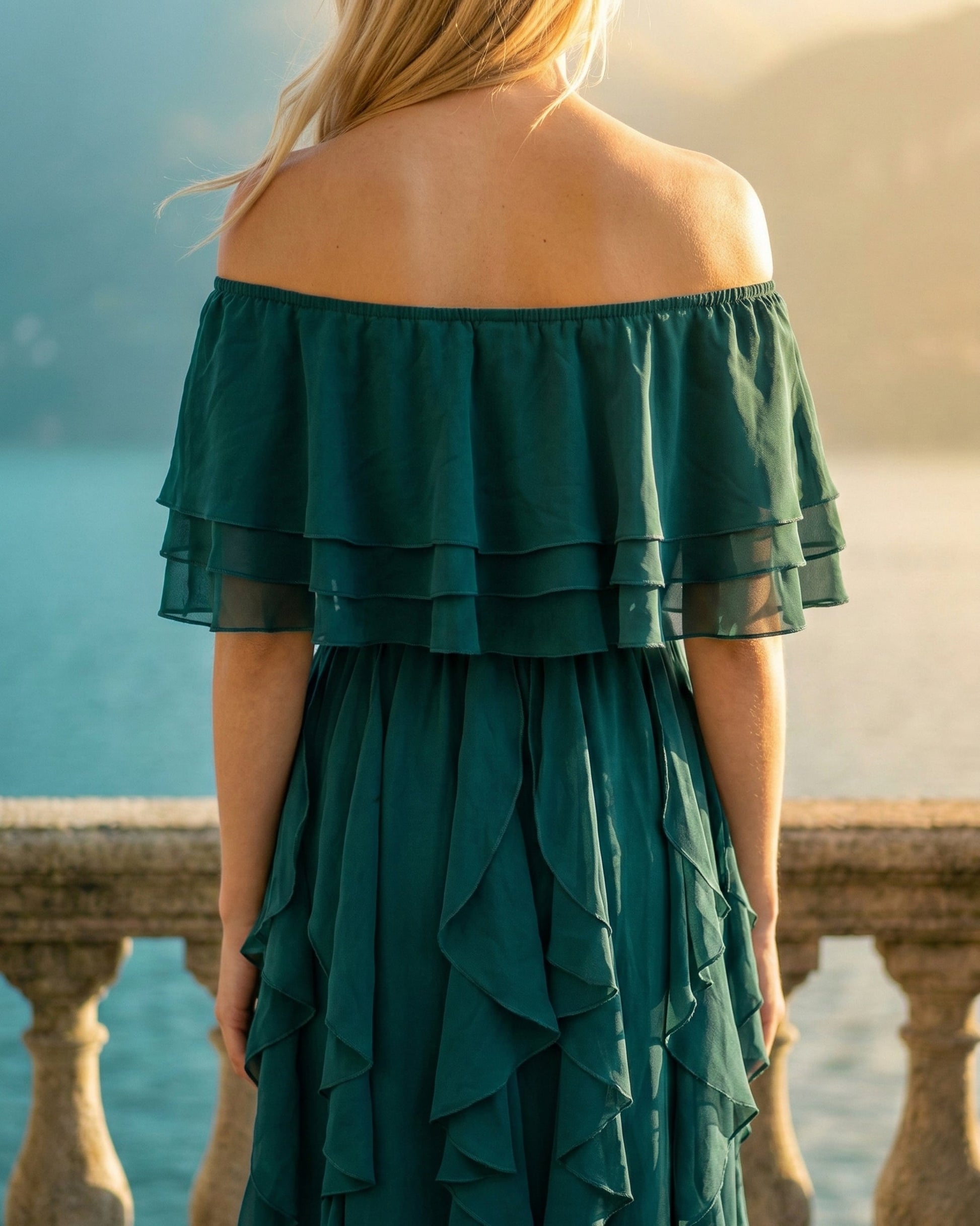 Limsa Club Seraphine Off-Shoulder Evening Gown in Green — close-up detail