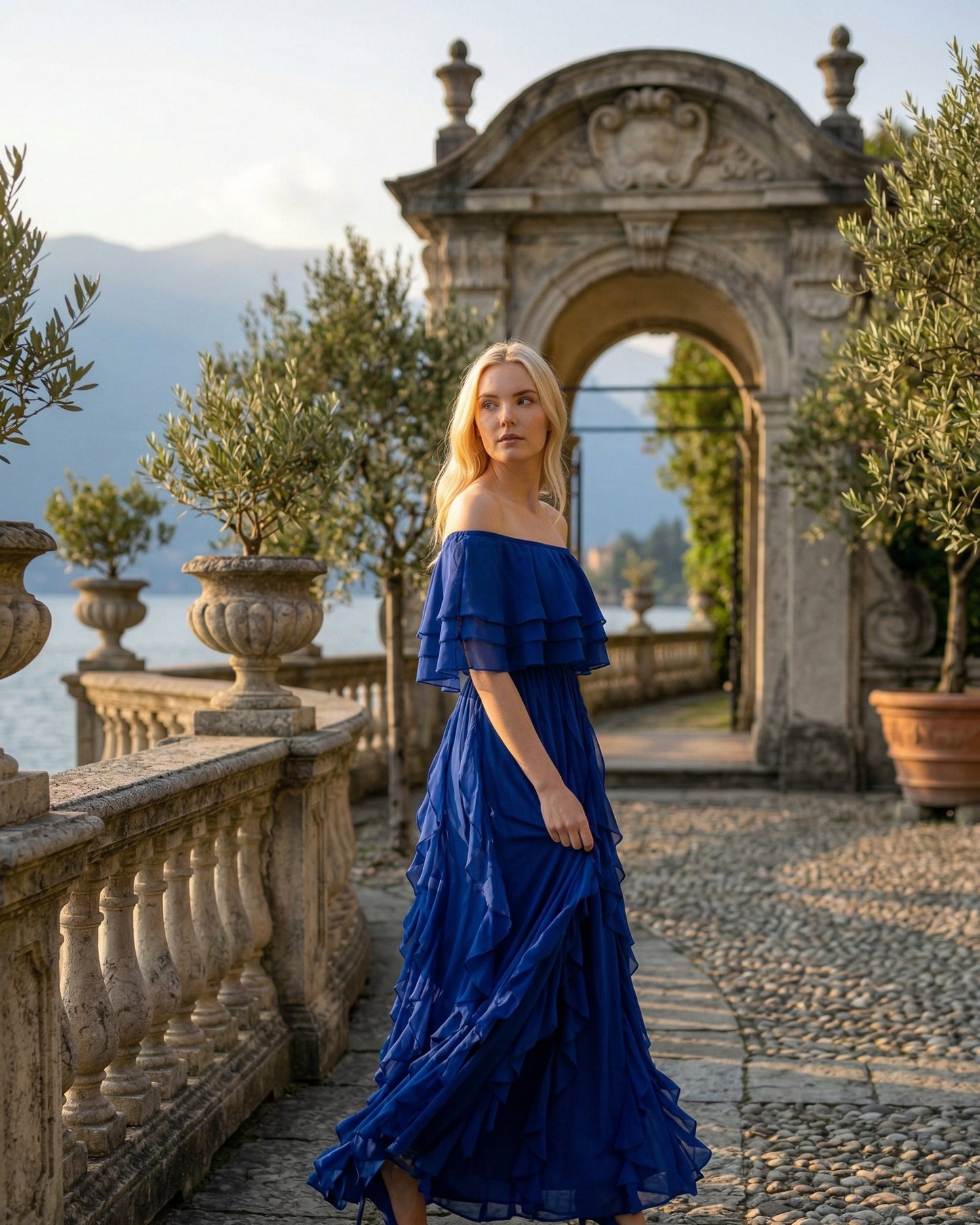 Limsa Club Seraphine Off-Shoulder Evening Gown in Sax Blue — back view