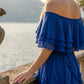 Limsa Club Seraphine Off-Shoulder Evening Gown in Sax Blue — close-up detail