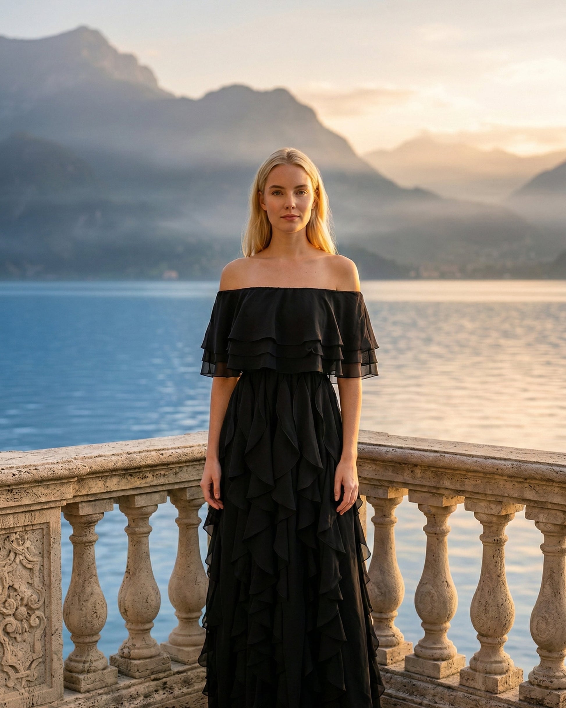 Limsa Club Seraphine Off-Shoulder Evening Gown in Black — front view
