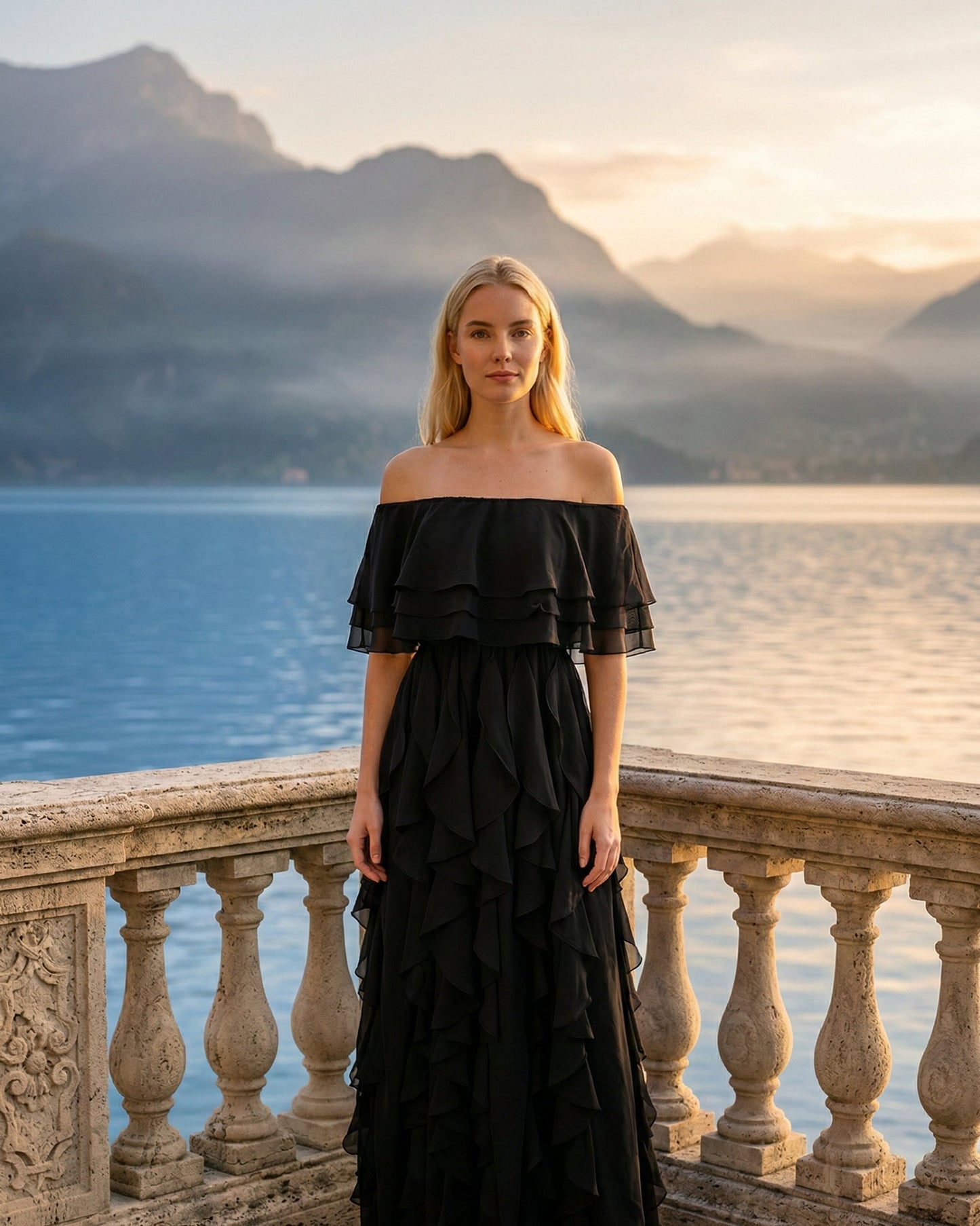Limsa Club Seraphine Off-Shoulder Evening Gown in Black — front view