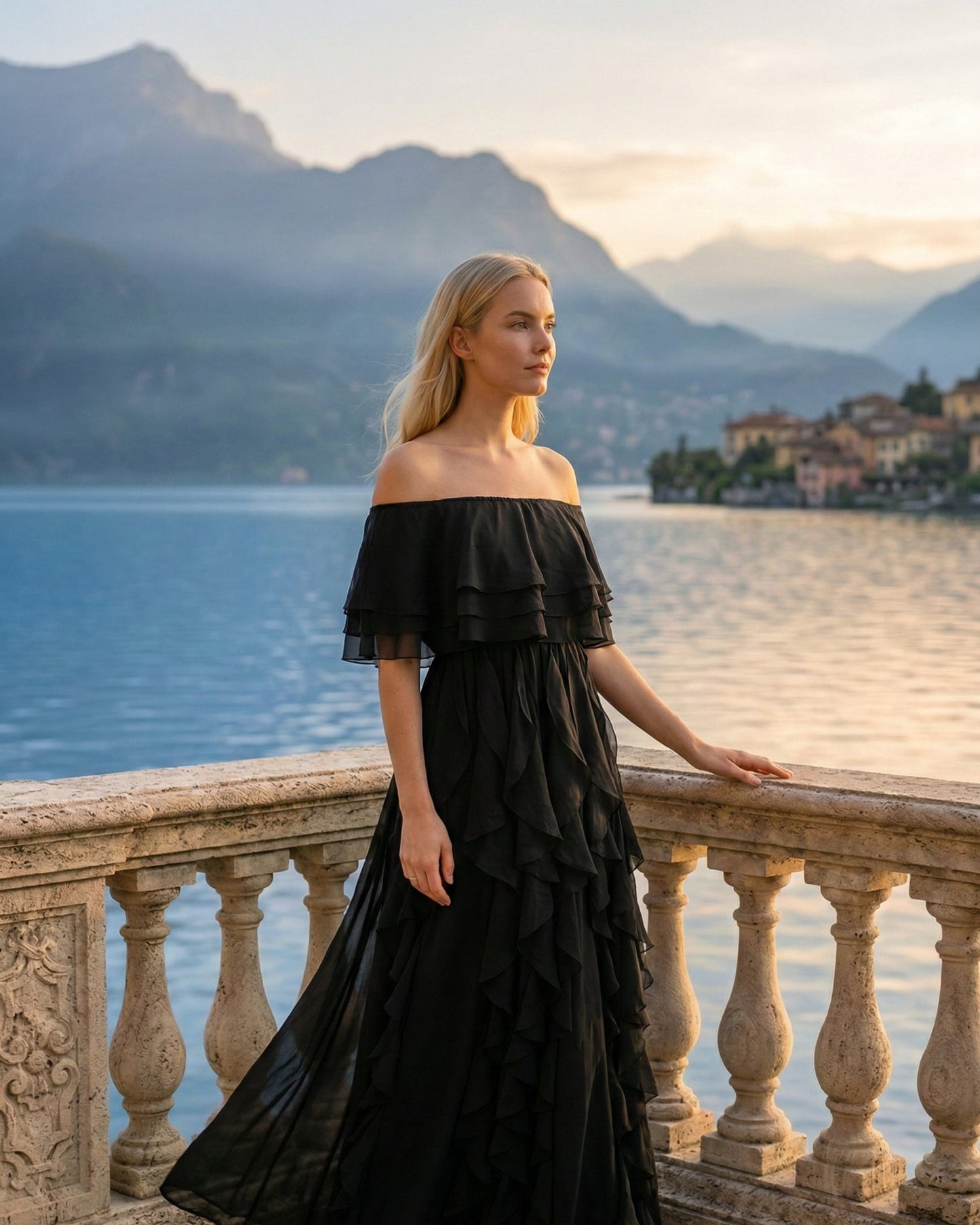 Limsa Club Seraphine Off-Shoulder Evening Gown in Black — side view