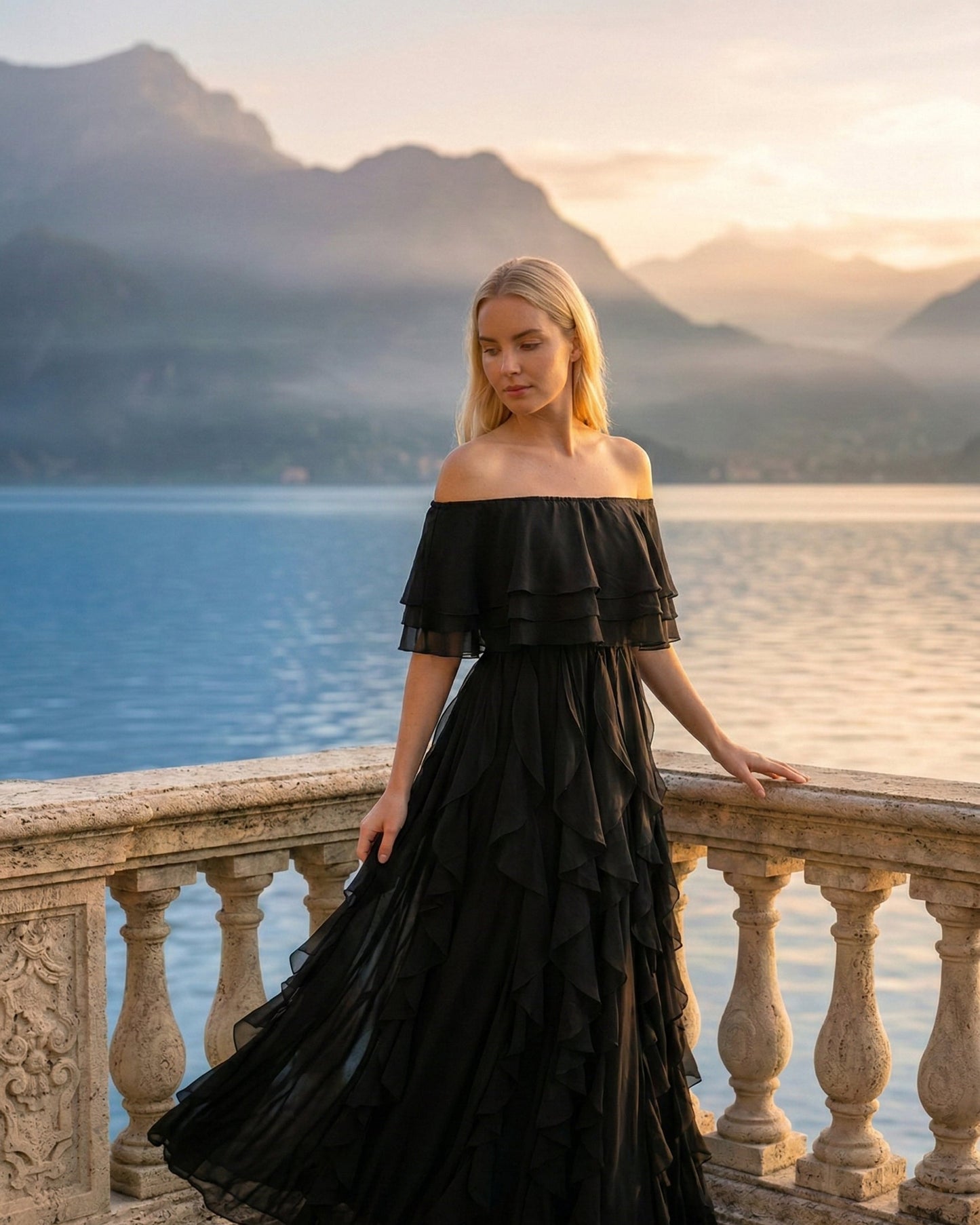 Limsa Club Seraphine Off-Shoulder Evening Gown in Black — back view