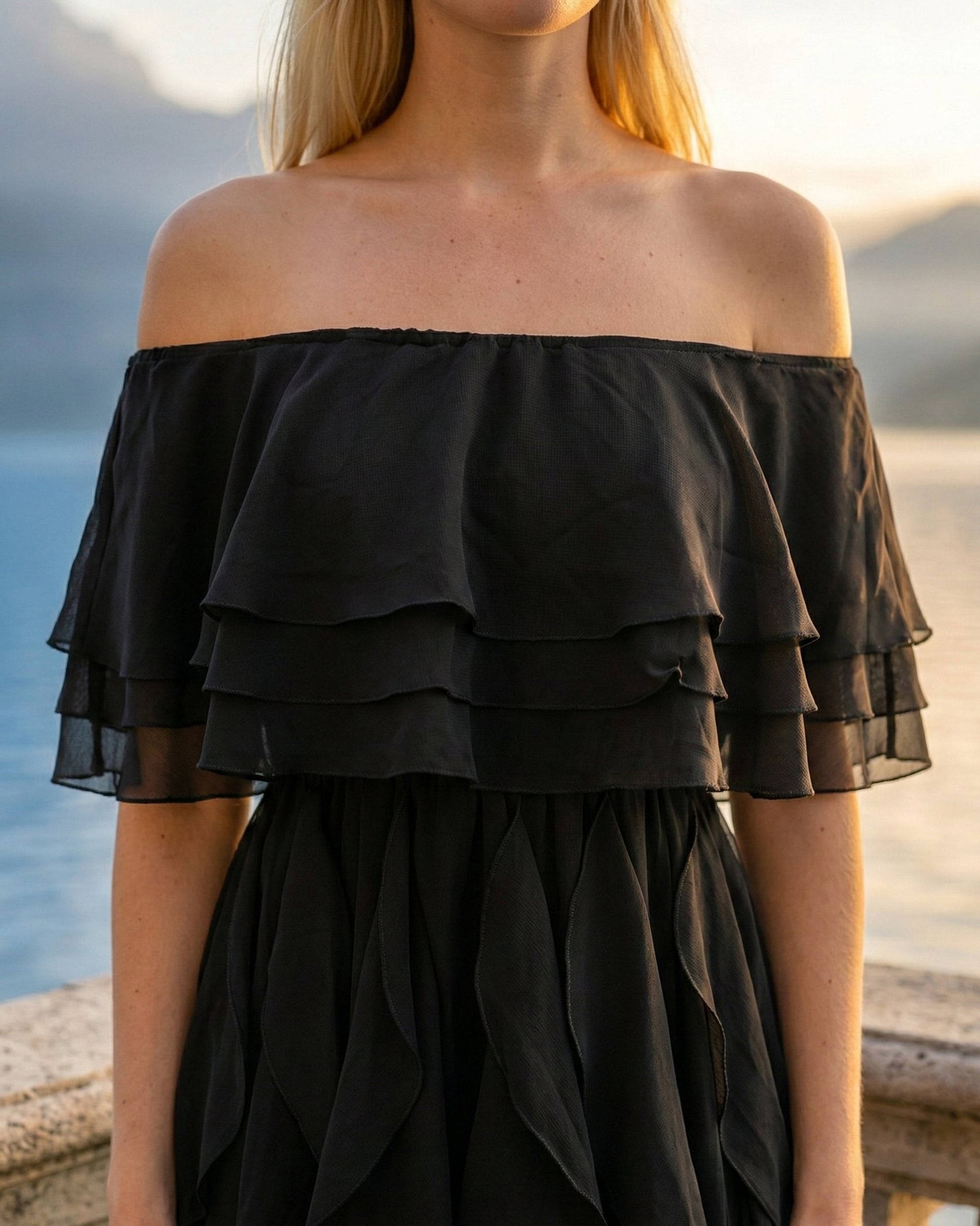 Limsa Club Seraphine Off-Shoulder Evening Gown in Black — full-length view