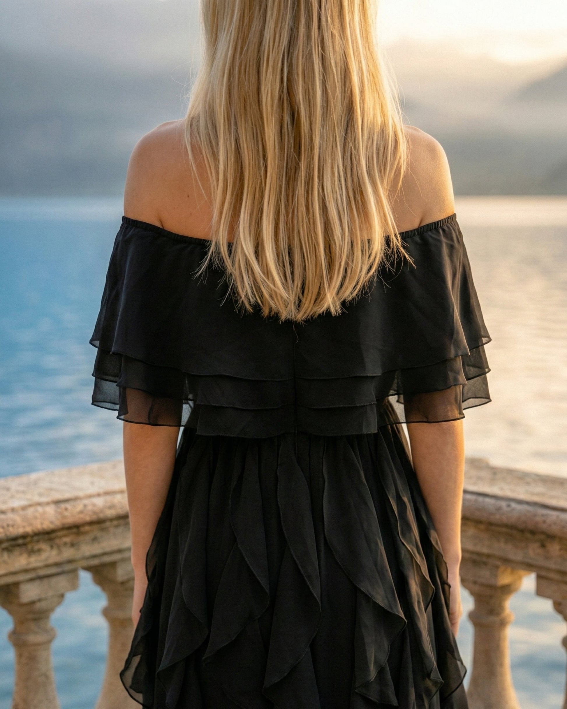 Limsa Club Seraphine Off-Shoulder Evening Gown in Black — close-up detail