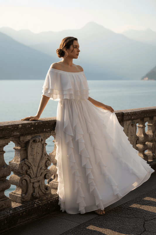 Seraphine Off - Shoulder Layered Ruffled Long Chiffon Evening Dress - Limsa ClubSeraphine Off - Shoulder Layered Ruffled Long Chiffon Evening DressDressLimsa ClubLimsa Club23Y03040072223Y030400722-36-1WhiteFront view of bone white Seraphine off - shoulder layered ruffled chiffon maxi evening dress, Limsa Club36