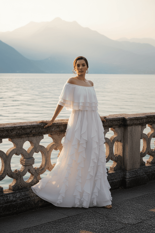Seraphine Off - Shoulder Layered Ruffled Long Chiffon Evening Dress - Limsa ClubSeraphine Off - Shoulder Layered Ruffled Long Chiffon Evening DressDressLimsa ClubLimsa Club23Y03040072223Y030400722-36-1WhiteFront full - length view of bone white Seraphine off - shoulder chiffon maxi dress with layered ruffle skirt, Limsa Club36
